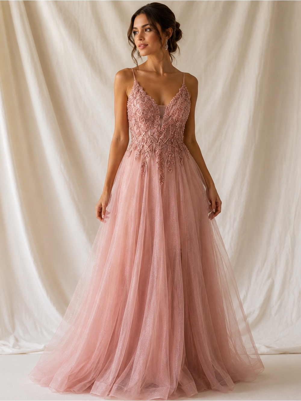 Blush Pink Lace Applique Tulle Evening Dress